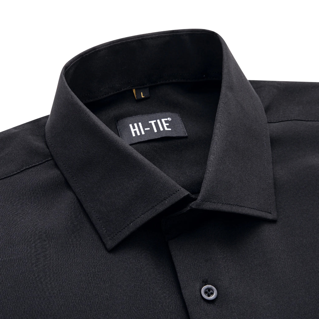 Hi-Tie Jacquard Solid Black Purple Mens Silk Shirt Long Sleeve Lapel Shirt Blouse Outerwear Wedding Office Breathable Quality Qme