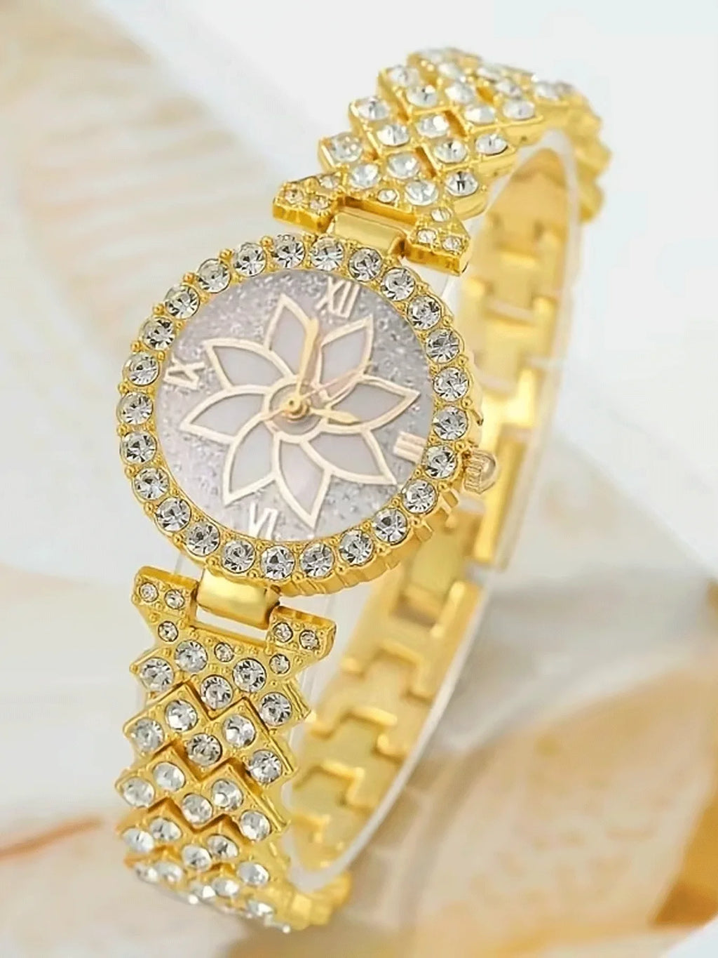 Women Silver Watch Bracelet Set, Full Rhinestone Lotus Dial Quartz Wristwatch + Multi-style Chain Stackable Bracelets JewelryKit Qme