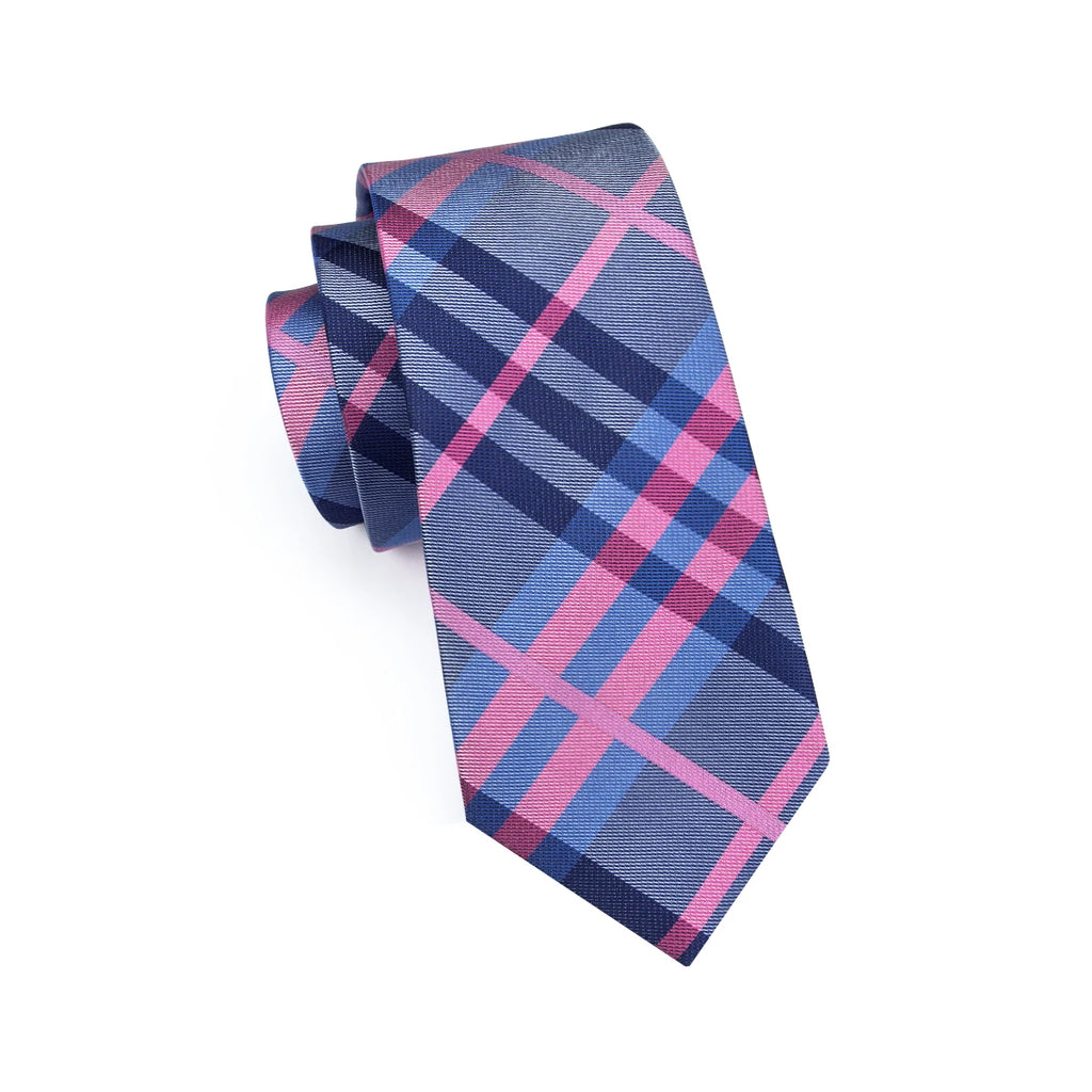 Mens Necktie Luxury Wide Blue Purple Plaid Silk Wedding Tie Pocket Qme