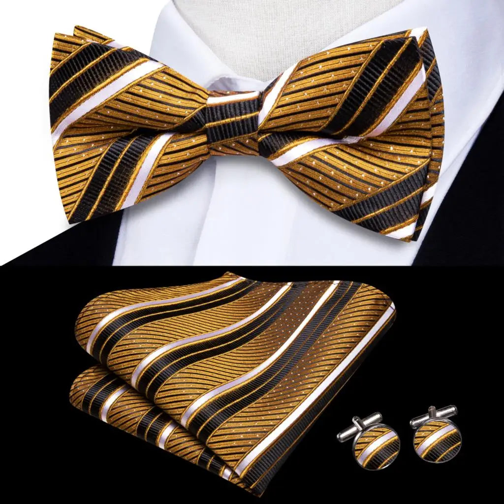 Hi-Tie Striped Black Red Mens Bow Tie Hankerchief Cufflink Pre-tied Silk Butterfly Knot Bowtie for Male Business Party Wholesale Qme S1-LH-2575