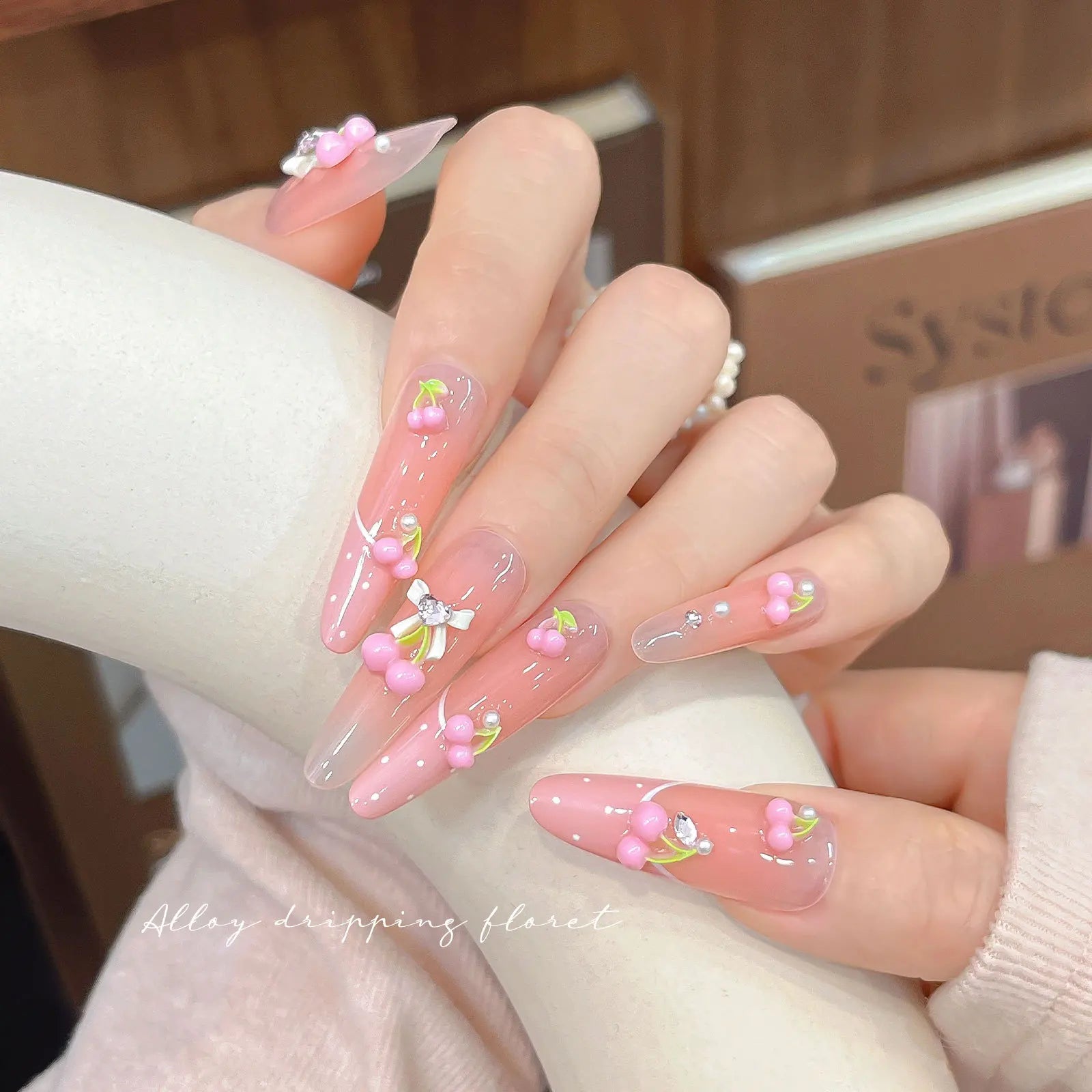 50pcs Pink Cherry Nail Charms, 3D Resin Cute Strawberry Fruit Nail Art Decorations, Flat Back Green Leaf Cherry DIY Manicure Qme