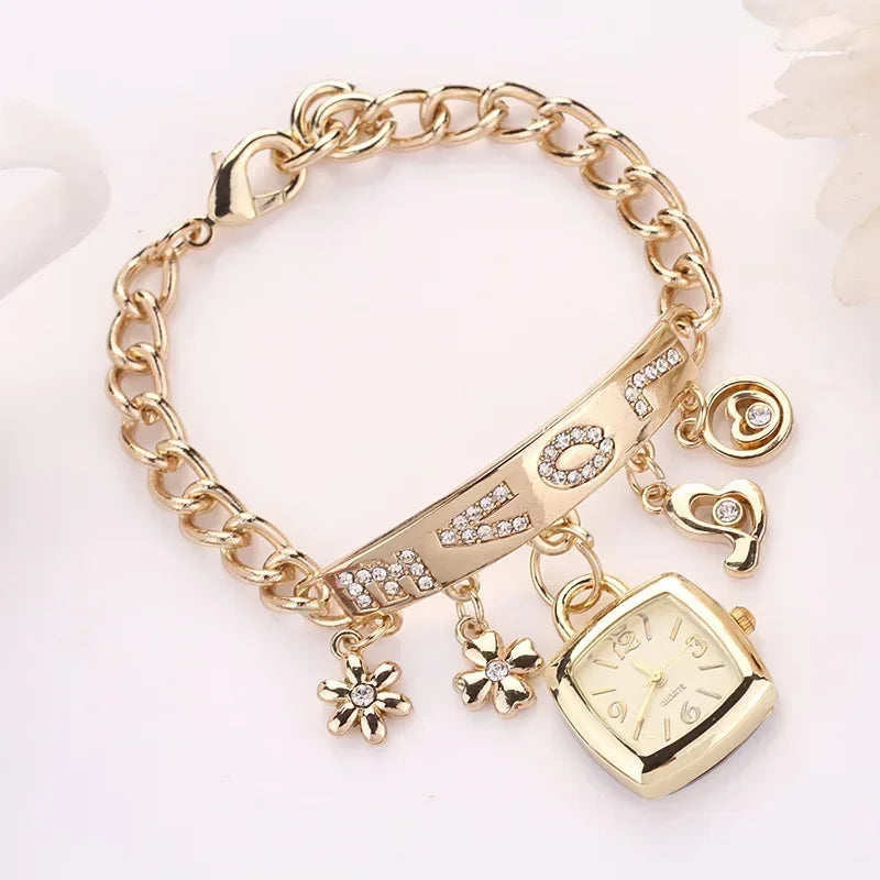 Women Watches with Letters Rhinestone Inlaid Chain Bracelet Flower Pendant Wrist Watch Ladies Dress Watches Gift Zegarek Damski Qme