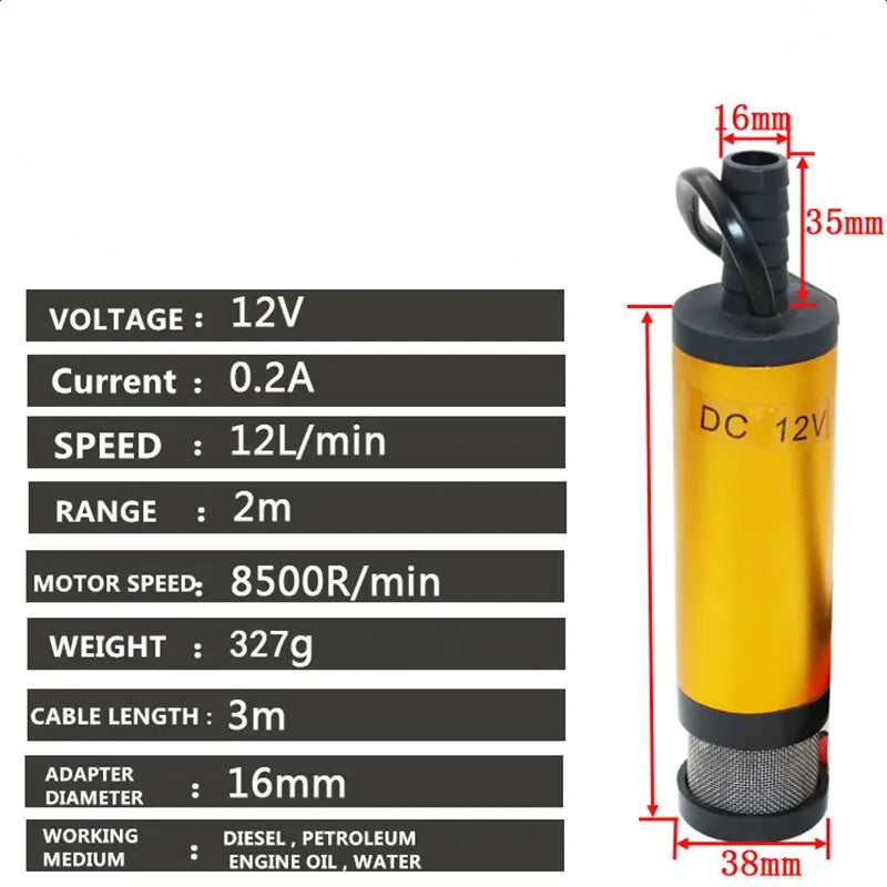 12V/24V DC Mini Portable Electric Submersible Pump - 12L/min, Aluminum Alloy Shell, Fuel/Diesel/Oil/Water Transfer Qme