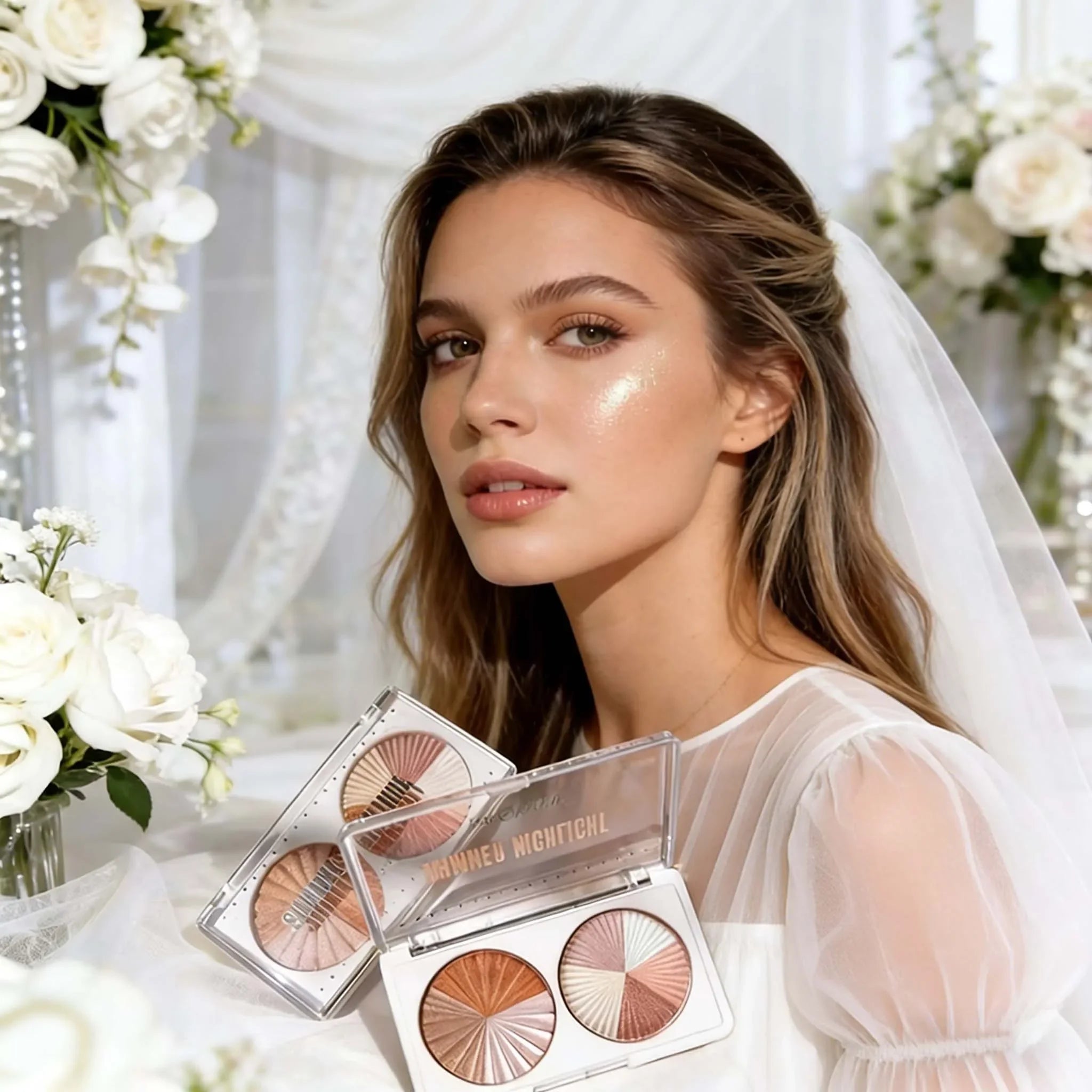 3D Shimmer Dual Pan Highlighter Powder Palette Multi-Use Contouring Bridal Wedding Day Photo Ready Glow Qme