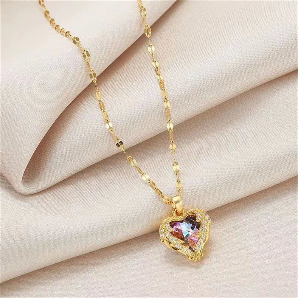 Light Luxury Blue Purple Sparkling Crystal Ocean Heart Necklace for Women Colorfast Collarbone Chain Jewelry Qme