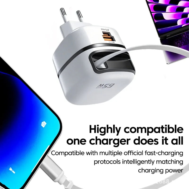 65W Foldable Wall Charger Retractable Cable Compact Travel Adapter Qme