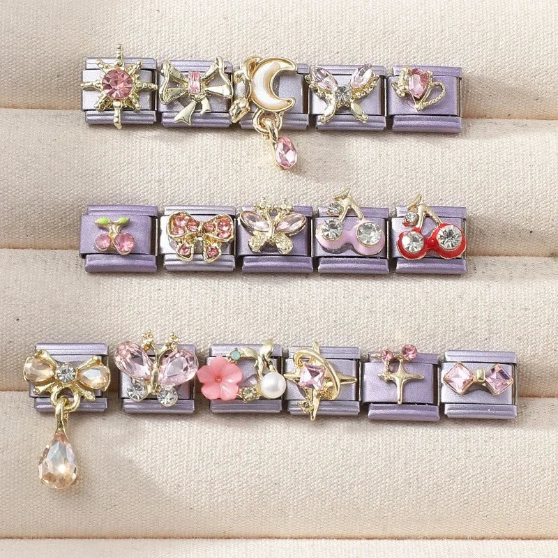 Sweet Shiny Gold Color Zircon Bow Moon Cherry Star Italian Charm Links Fit 9mm Stainless Steel Bracelet Women Jewelry DIY Making Qme