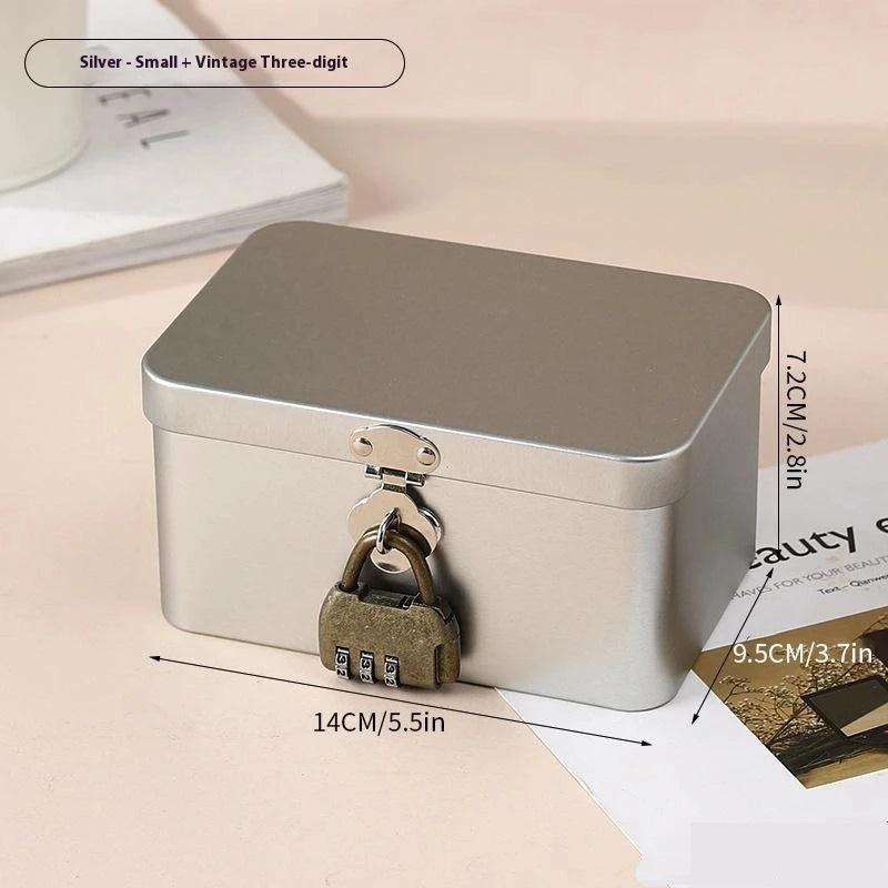 Silver Lockable Tin Storage Box Multifunctional Desktop Metal Jewelry Qme A5