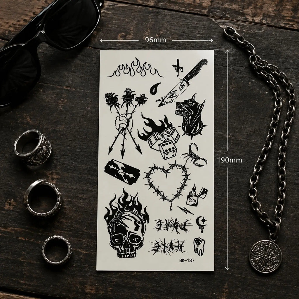 Ghoic Style Temporary Tattoos for Women and Men Sketch Skull Flower Design Body Decals Realistic Halloween Cosplay Fake Stickers Qme