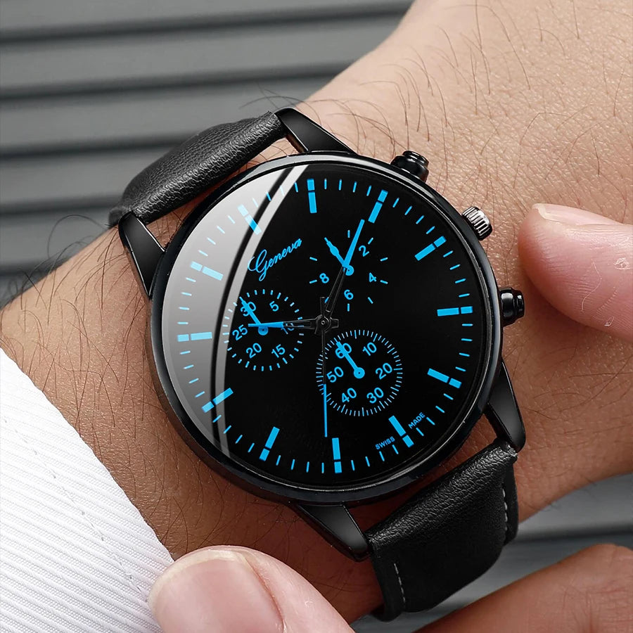 Luxury Geneva Multifunctional Chronograph Men Watch & Black Obsidian Lion Crown Bead Bracelet 2 In 1 Male Accessory Gift Set Qme