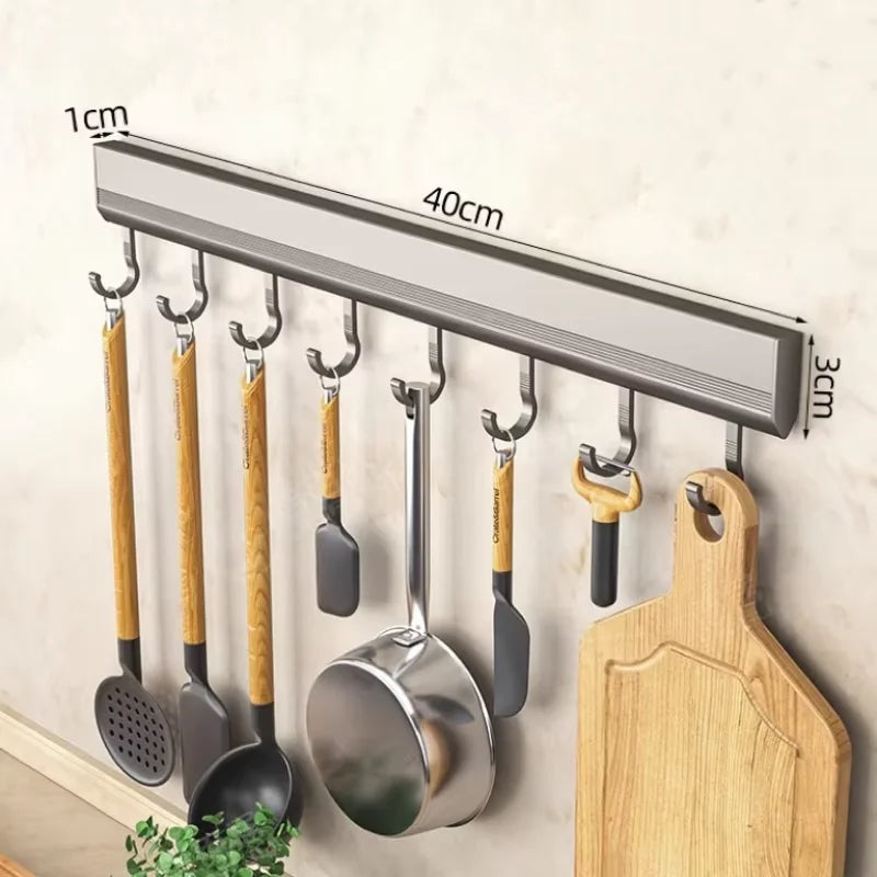 Kitchen HookRack - Wall-Mounted Without Drilling - Space Aluminum Multi-Functional Storage Hooks Qme 8 Hooks