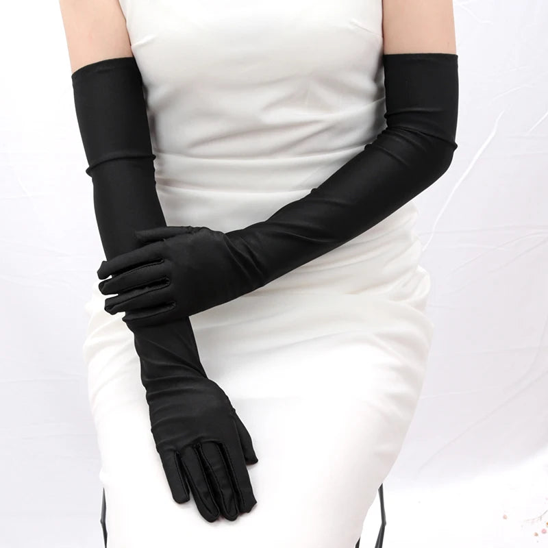 Classics Ladies Satin Long Mittens Stage Performance Women Black Colour Gloves Sexy Accessories Soft Smooth Solid High Stretch Qme black One Size