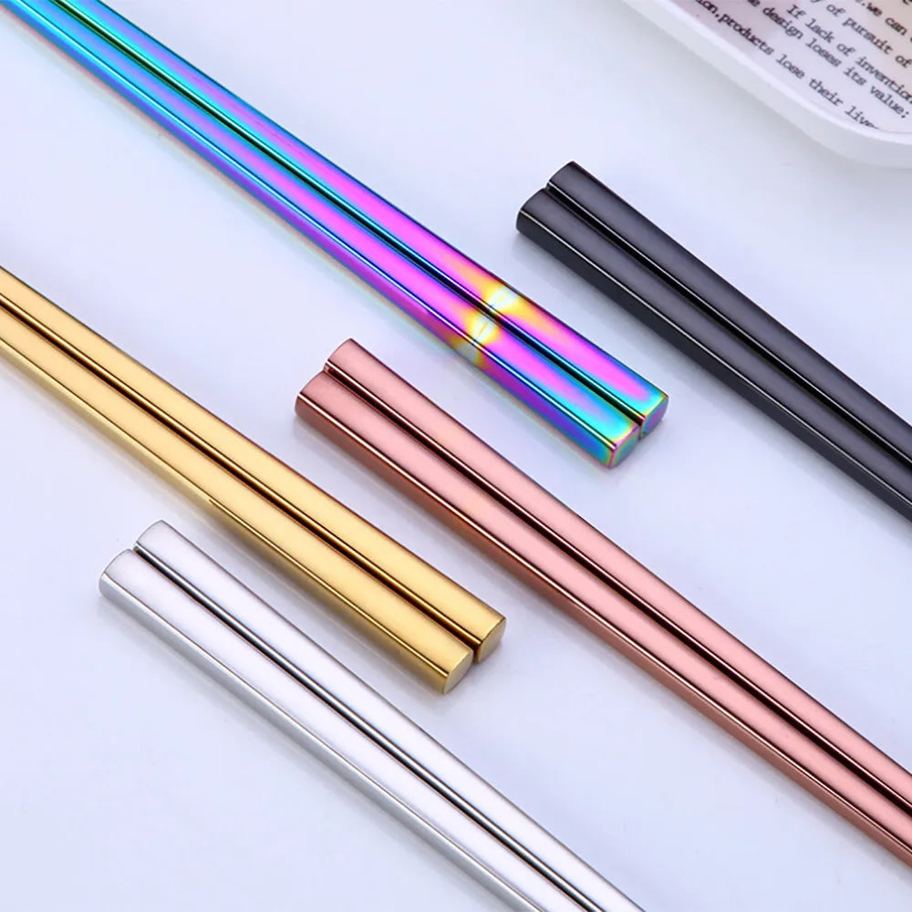 1Pair Stainless Steel Colorful Length Chopsticks Household Anti-slip Round Metal Chop Sticks Protable Outdoor Picnic Tableware Qme