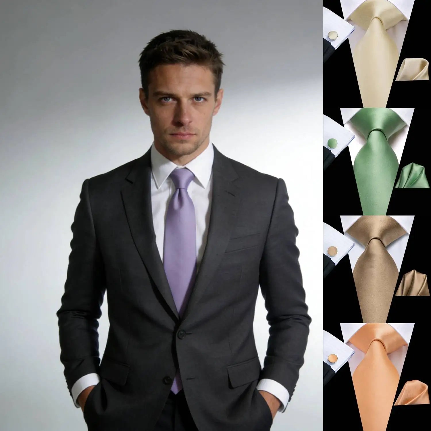 Tie Set for Men, 3-Piece Wedding Accessories with Cufflinks & Pocket Handkerchief, Striped/Floral Design Qme