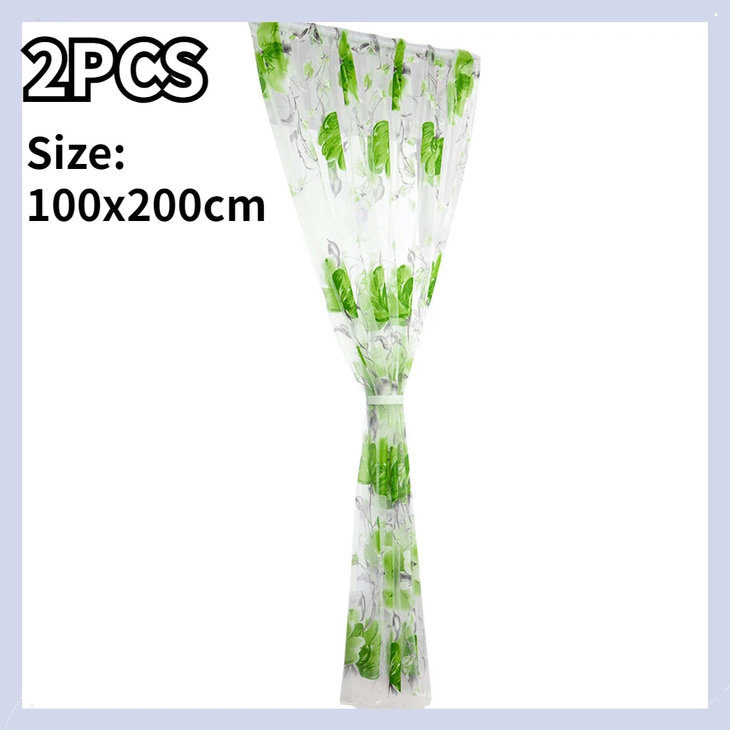 1/2 PCS Vines Leaves Tulle Door Window Curtain Drape Panel Sheer Scarf Valances Colorful Floral Pattern Transparent Curtains Qme Green 1