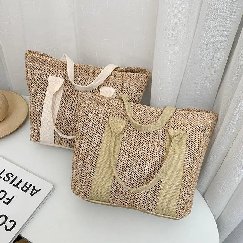 Korean-Style Woven Handbag: Summer Casual Tote - Fashionable Combination Weave for Daily Versatile Outfits Qme