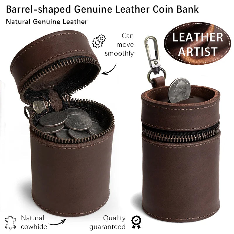 Genuine Leather Coin Pouch Piggy Bank Cash Holder Organizer Purse for Men & Women Money Saving Box Men's Change Purses & Pouches Qme