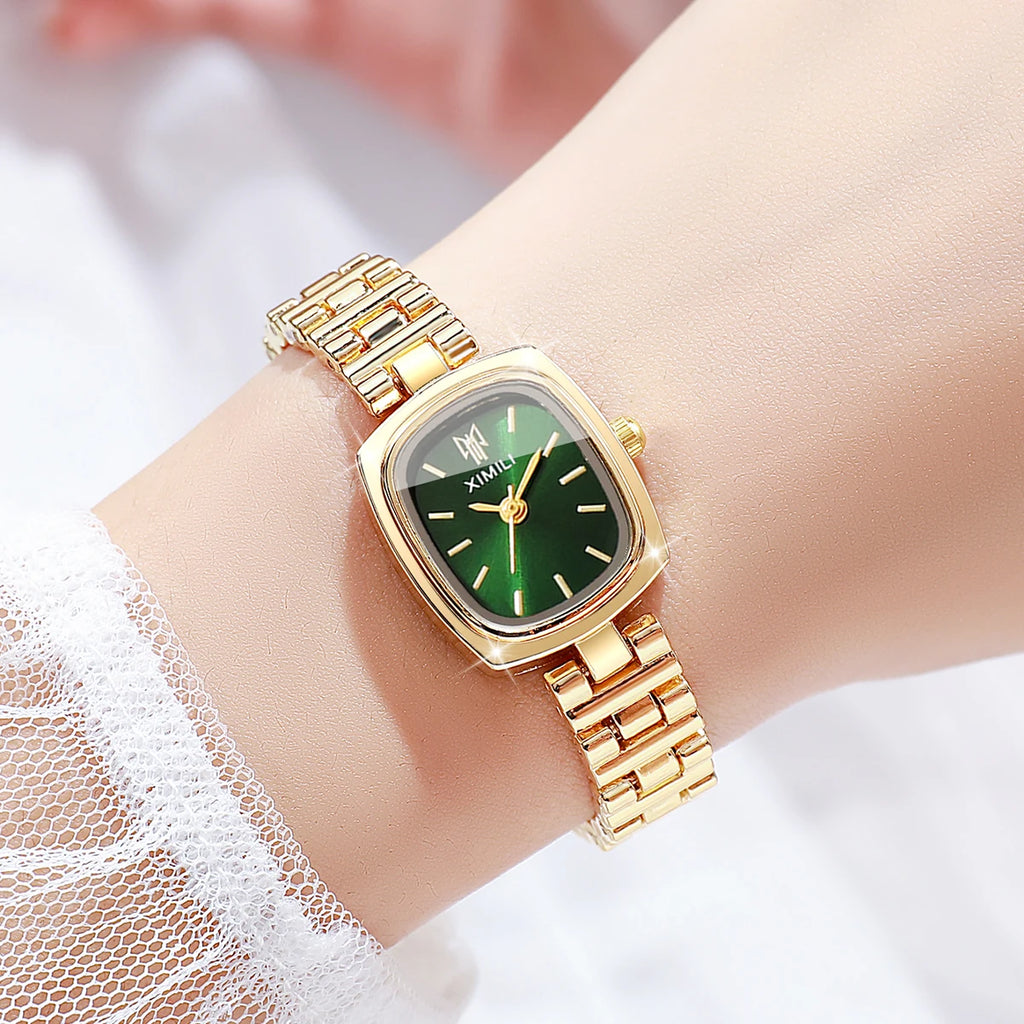 Classic Women's Quartz Watch, Gold Tone with Small Green Dial, Fashion Accessory Qme