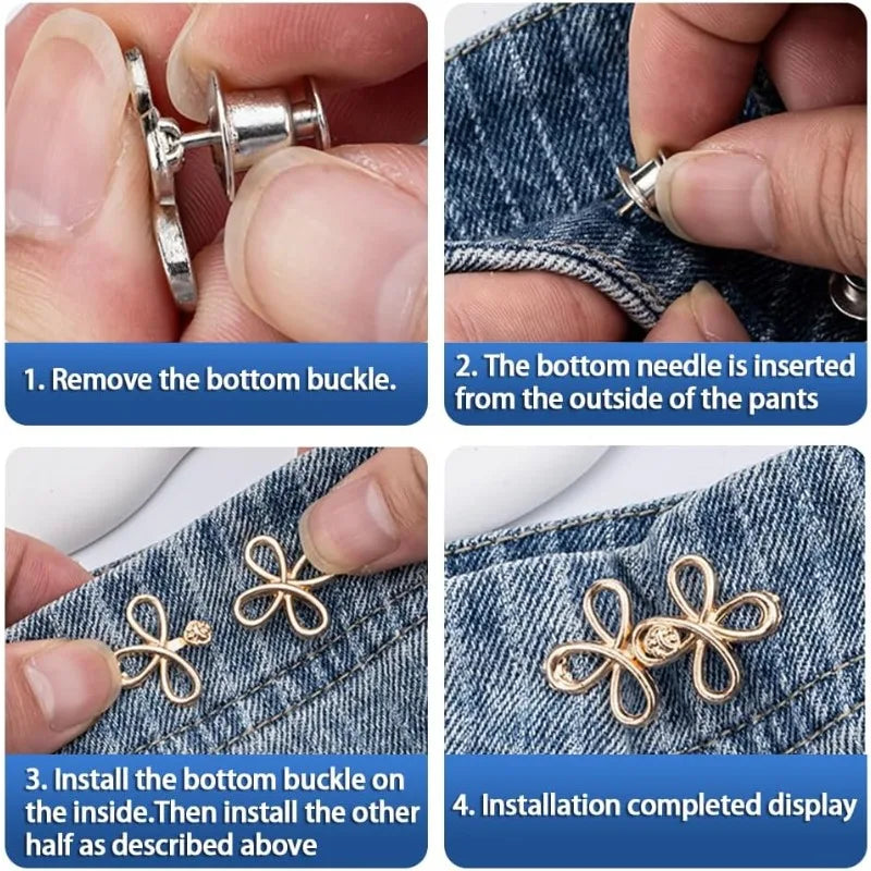 Clover Pant Waist Tightener,Waistband Tightener No Sew Buttons Pants Button Tightener, Detachable Metal Waist Buckle Pants Clips Qme