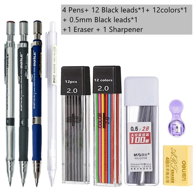2.0mm Mechanical Pencil Set with 2B Black/Colors Lead Refill for Writing Sketching Art Drawing Painting School Automatic Pencil Qme Mix color set F