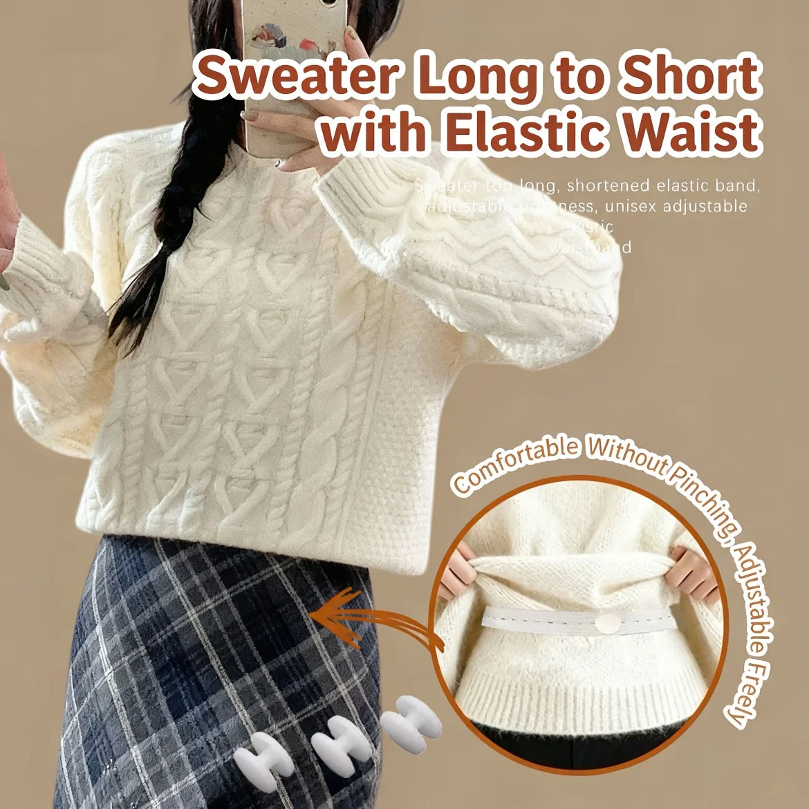 Adjustable hem and waist cinching tool, suitable for T-shirts, knitwear, dresses, sewing free hem shortening device with snap bu Qme