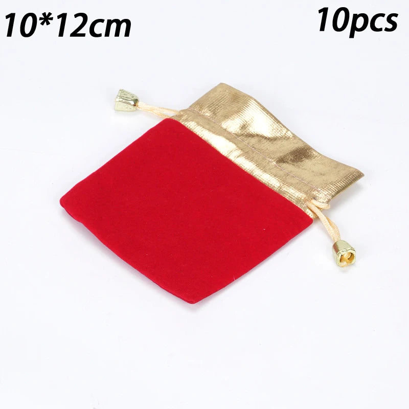 10pcs/lot Vintage Velvet Bag Gold Color Trim Drawstring Red Gift Bags Wedding Jewelry Packaging Pouches Qme Red XL
