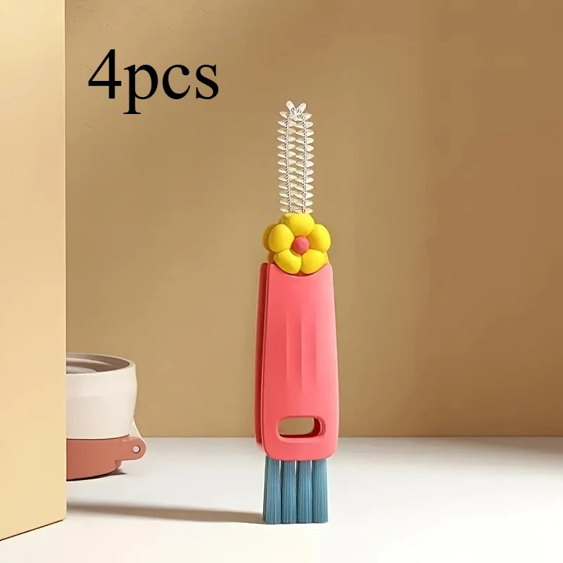 Multi-Functional 3-in-1 Cup Lid & Gap Cleaning Brush - Soft Bristle Scrubber for Kitchen & Bathroom, Portable Household Tool Qme Red