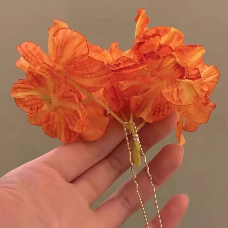 Floral Hair Stick Chinese Style Hairpin, Orange Pink Flower Retro Traditional Hanfu Elegant Hair Accessory For Women Daily Party Qme