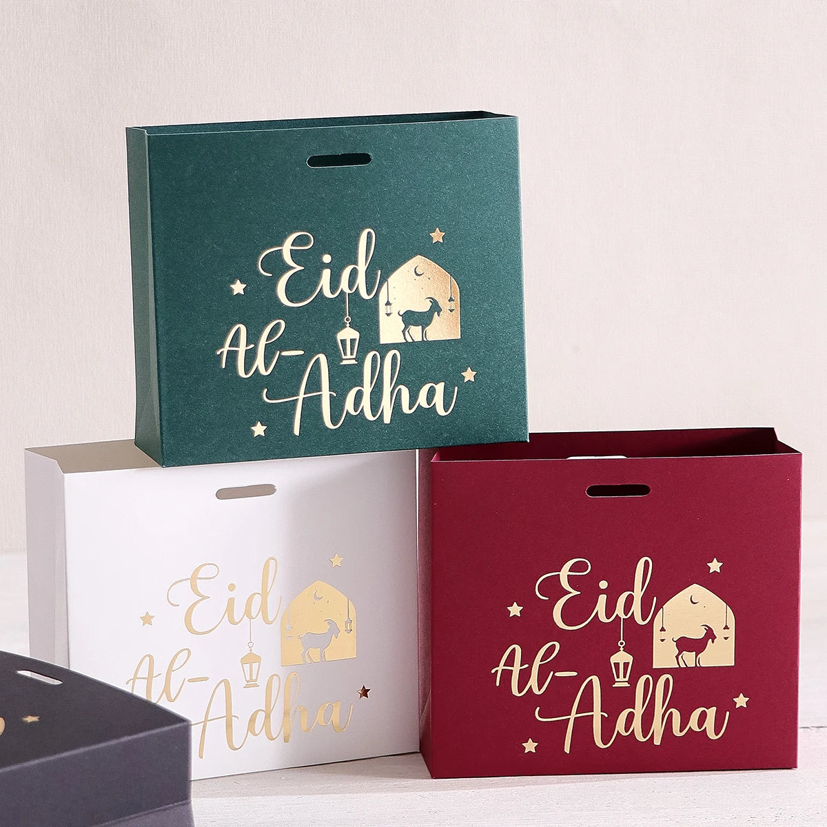 5 Eid Al-Adha Gift Boxes, Beautiful Sheep and Calligraphy Text Design, Pastel Colors, Ribbon Handles, Perfect for Eid Al-Adha Pa Qme