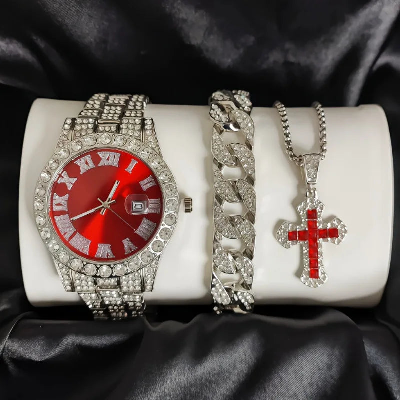 Hip-Hop Roman Numerals Diamond-Encrusted Ladies' Watch Fashion Large Dial Quartz Watch Set Qme Multicolor