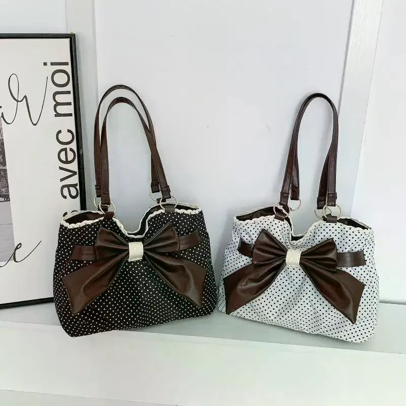 Trendy Vintage Women's Bow Handbag Y2K Casual Chic Shoulder Bag - Aesthetic Dot Underarm Streetwear All Match Lady Purse Qme