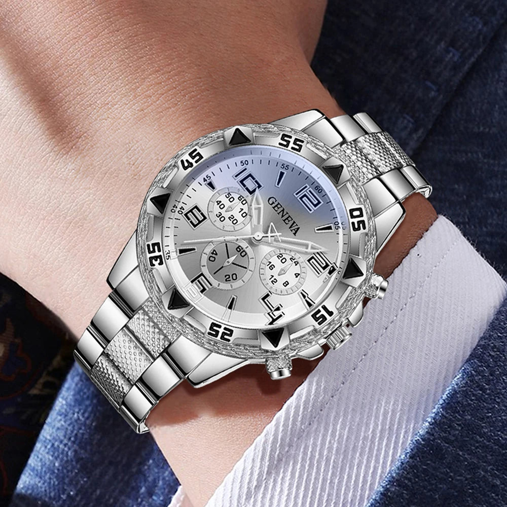 Geneva silver plate three eyed men's steel strap watch full diamond Cuban bracelet necklace three piece set, Qme