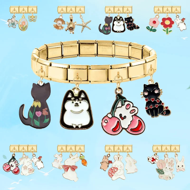 Fashion 3PCS Pendant Series Lovely Dogs Cats Italian Charm Link Stainless Steel Fit 9mm Italian Chain Bracelet DIY Making Gifts Qme