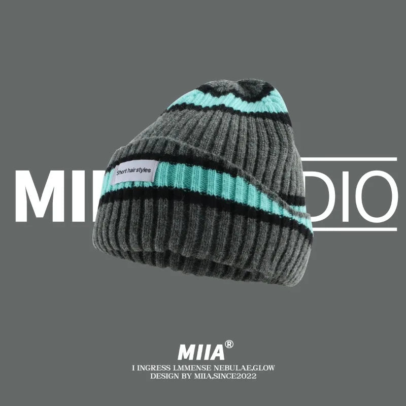Niche Striped Autumn Winter Warm Wool Hat Showing Face Small Qme