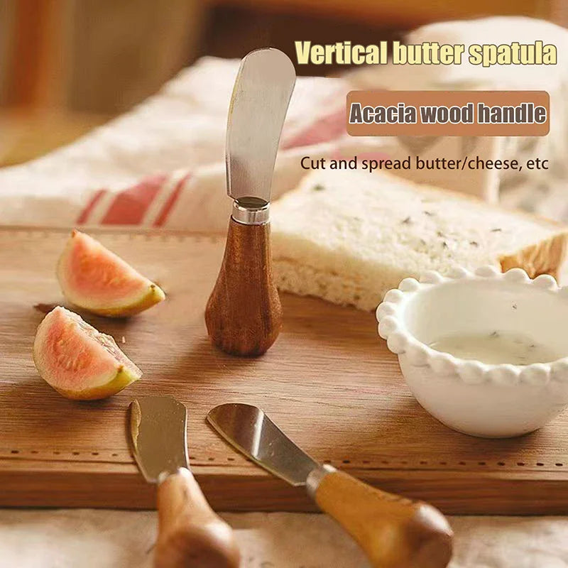 Stainless Steel Cheese Knives Cheese Fork Set Wooden Handle Butter Spatula Knife Cheese Spreader Jam Spreader Baking Tools Qme