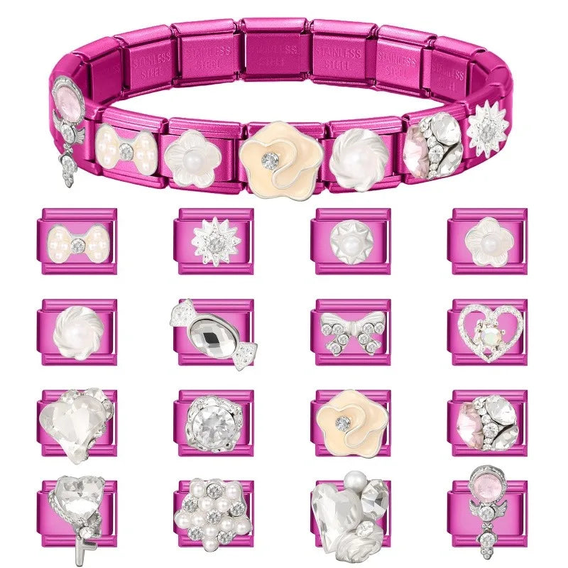 Y2K Rose Color Series Zircon Flower Butterfly Italian Charm Links Fit 9mm Stainless Steel Bracelet Women Jewelry DIY Making Gift Qme
