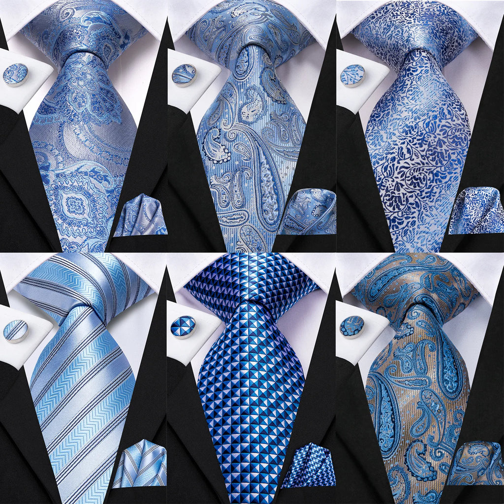 Hi-tie Light Blue Striped Novelty Wedding Tie Men Handky Cufflinks Qme