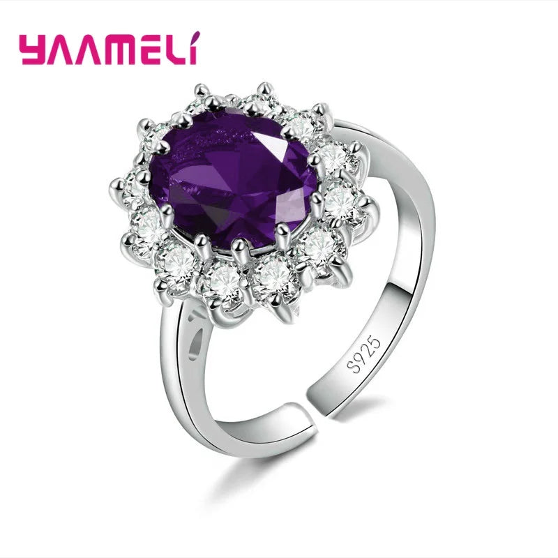 100% Authentic 925 Sterling Silver Color Women Wedding Engagement Jewelry Ring Classic Oval Flower Shiny Cubic Zircon Crystal Qme Purple