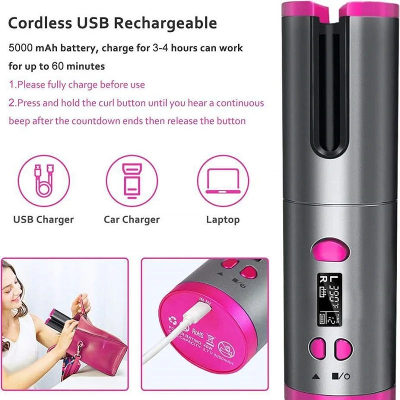Automatic Hair Curler Wireless With Heat Timer Modes Rechargeable Portabl Fast Heating Styler For Perfect Curls Every Time Qme