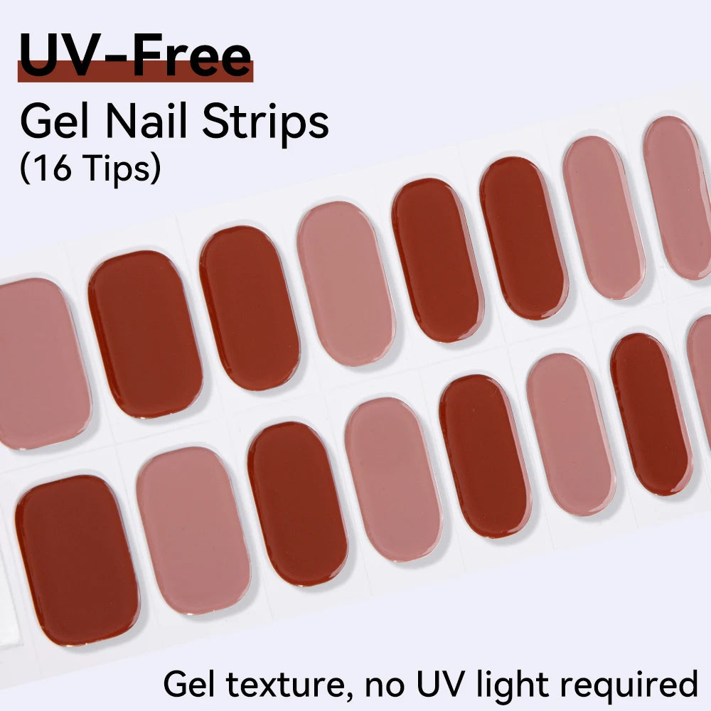 16Tips Pink Red French UV-Free Gel Nail Stickers Sparkly Shinning