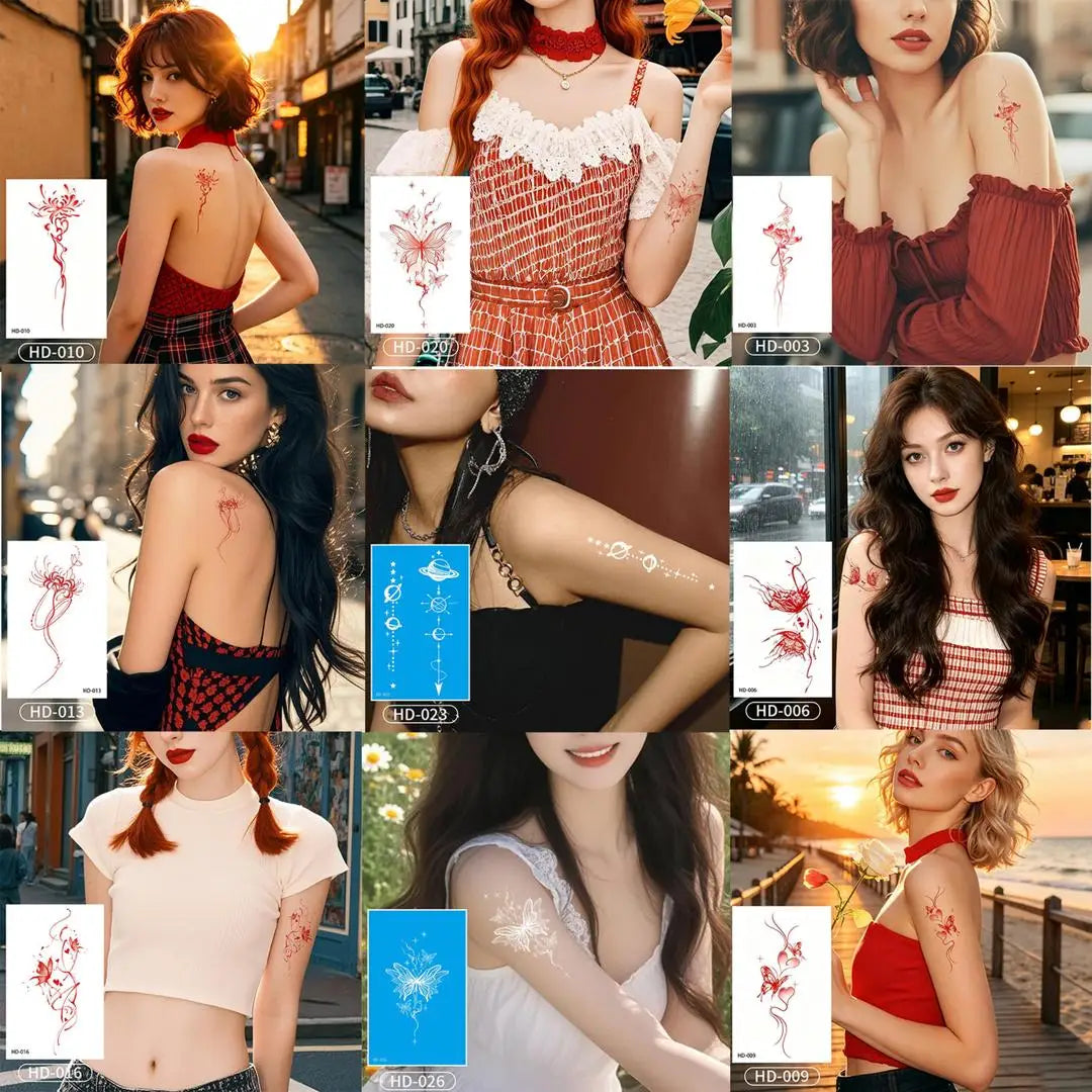 A Temporary Tattoo Retro Red Sticker Watercolor Butterfly Decor Body Arm Art Paster Face Bady Tattoo Waterproof DIY Paster Qme 9pcs HD-003HD010