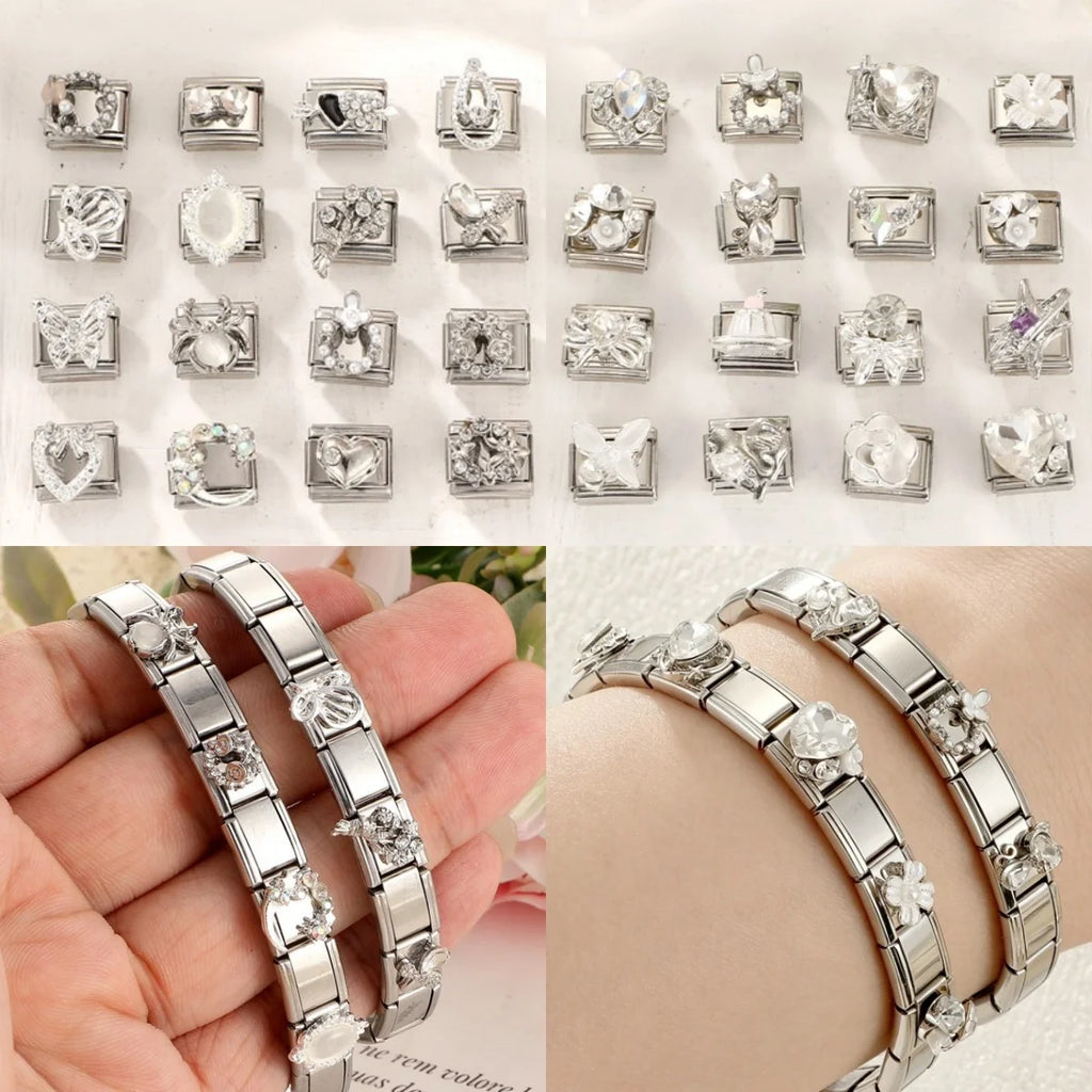 New Shiny Zircon Heart Bow Butterfly Bouquet Star Italian Charm Links Fit 9MM Stainless Steel Bracelet Girls' DIY Making Gift Qme