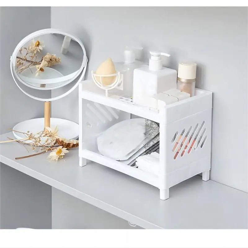 1PC PP Desktop Double Layer Storage Rack Rectangular White Organizing Student Desk Office Cosmetics Stationery Qme