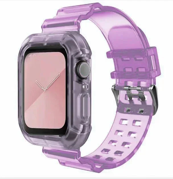 Clear Band + Case for Apple Watch Series 9 8 7 6 SE 5 49mm 45mm 44mm 42mm 41mm Transparent for iwatch 3 38mm 40mm Plastic Strap Qme Tr-Purple 49mm