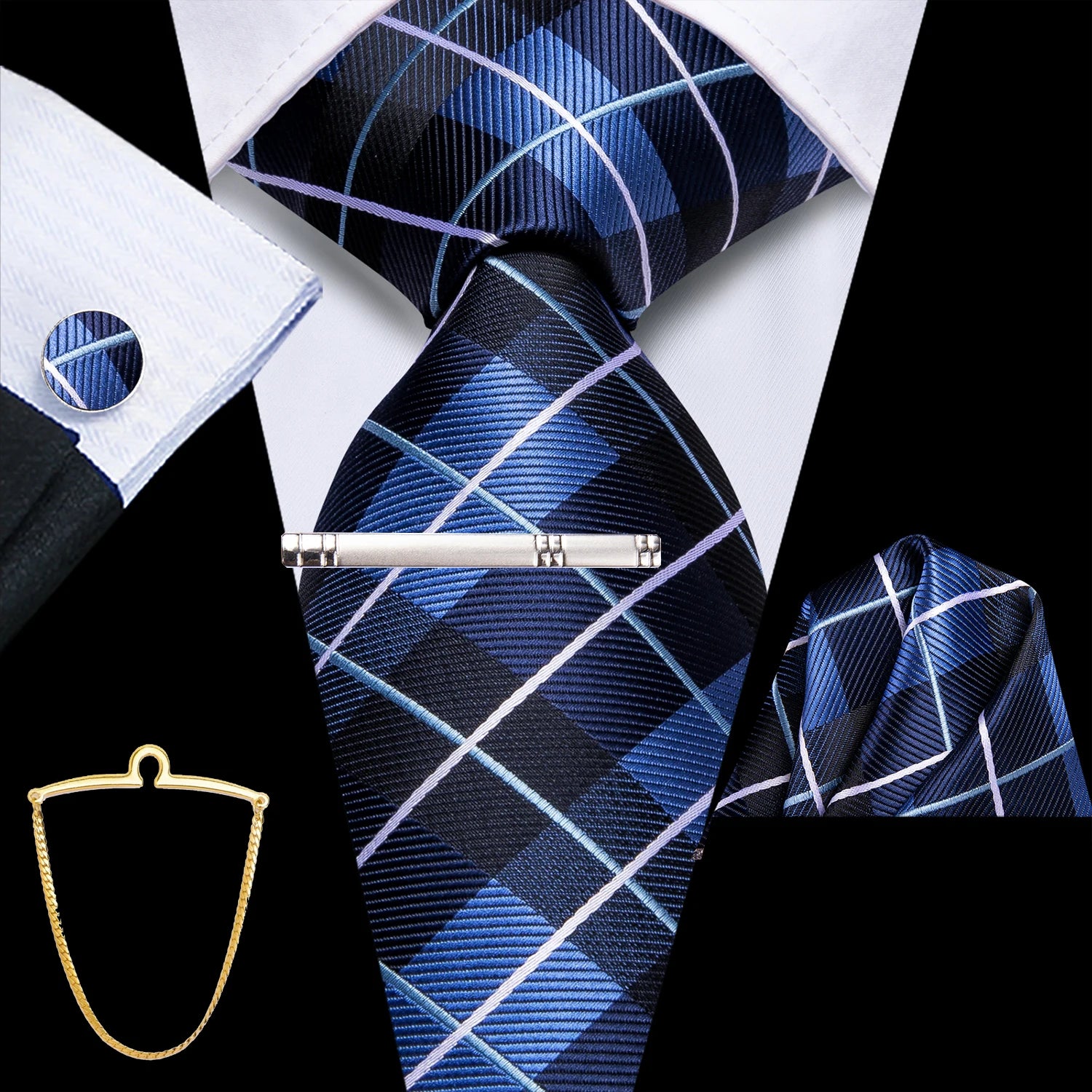 Hi-Tie Men's Smart Business Tie Set 5 Pcs - Striped Tie, Handkerchief, Cufflinks, Lapel Clip, Chain Qme QQ-HT-N-3984