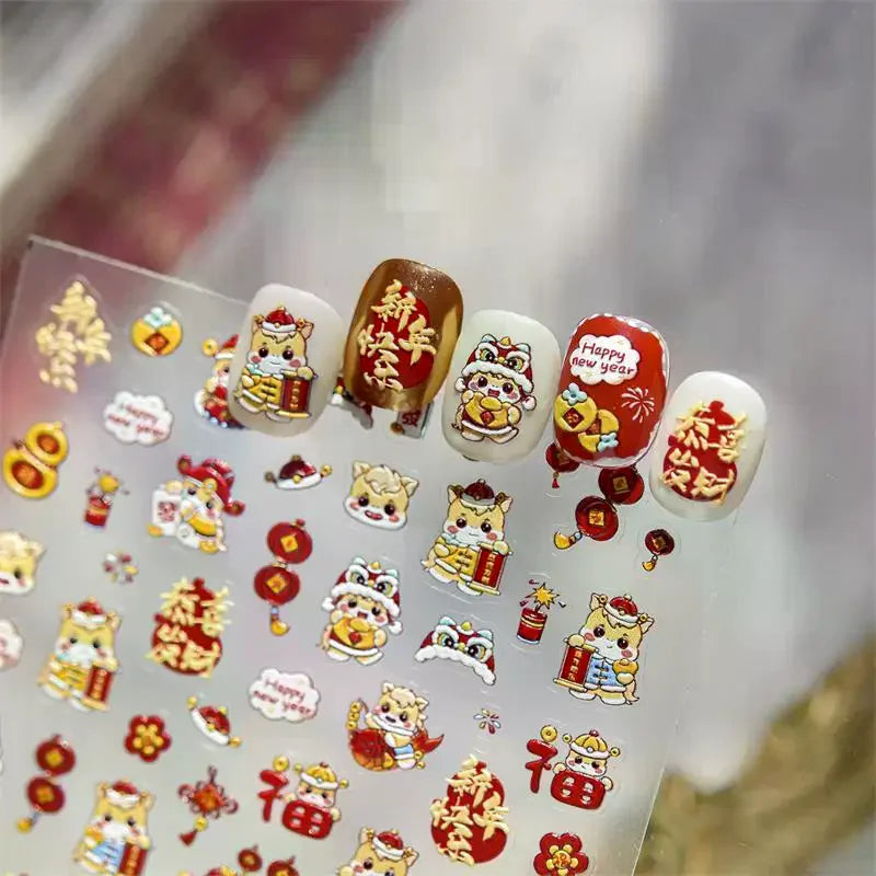 Cute Chinese Year Horse Lion Dance Bow Nail Art Print Stickers Lucky Qme