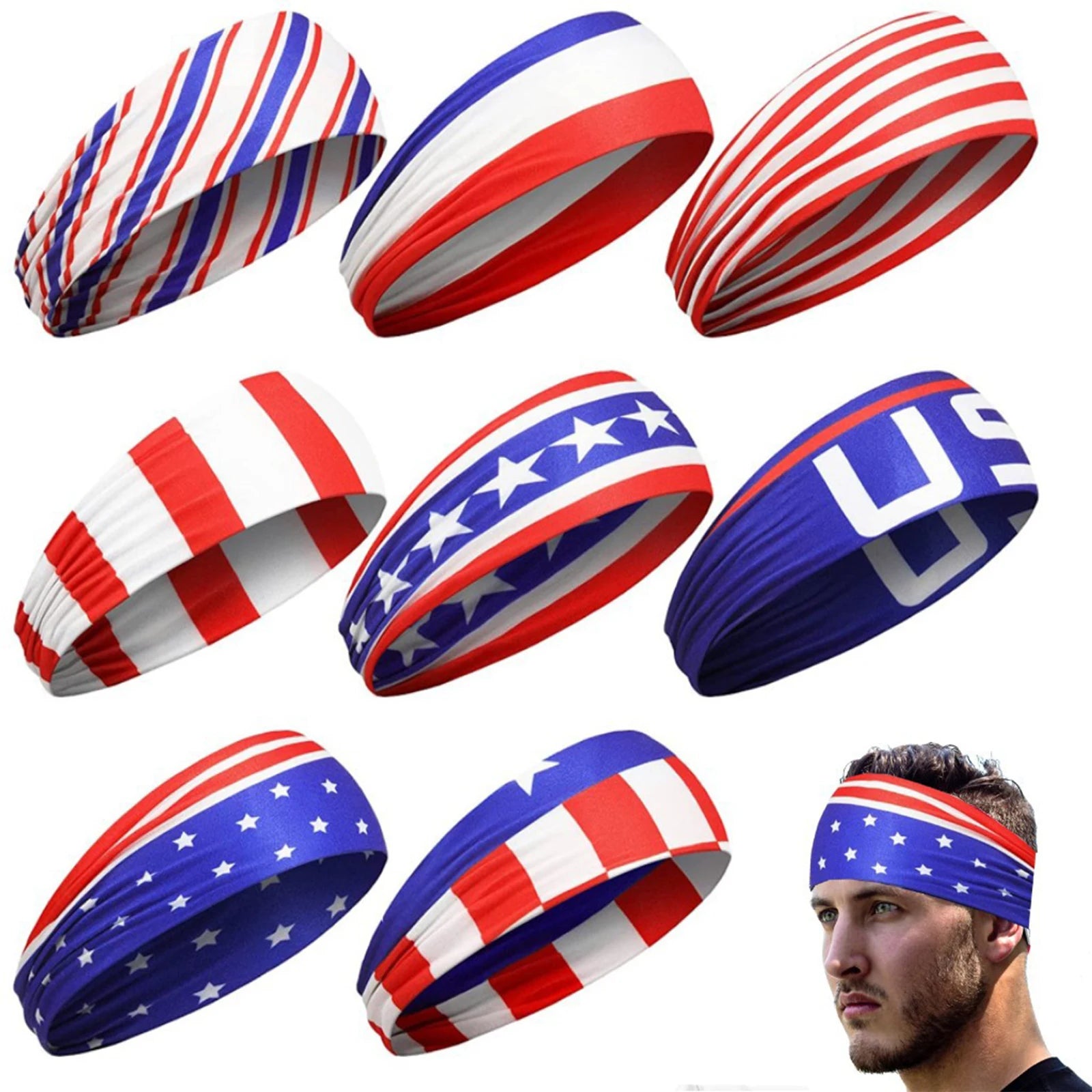 American Flag Independence Day Unisex Running Fitness Headband High Elastic Sports Yoga Sweatband Cotton Headscarf Qme