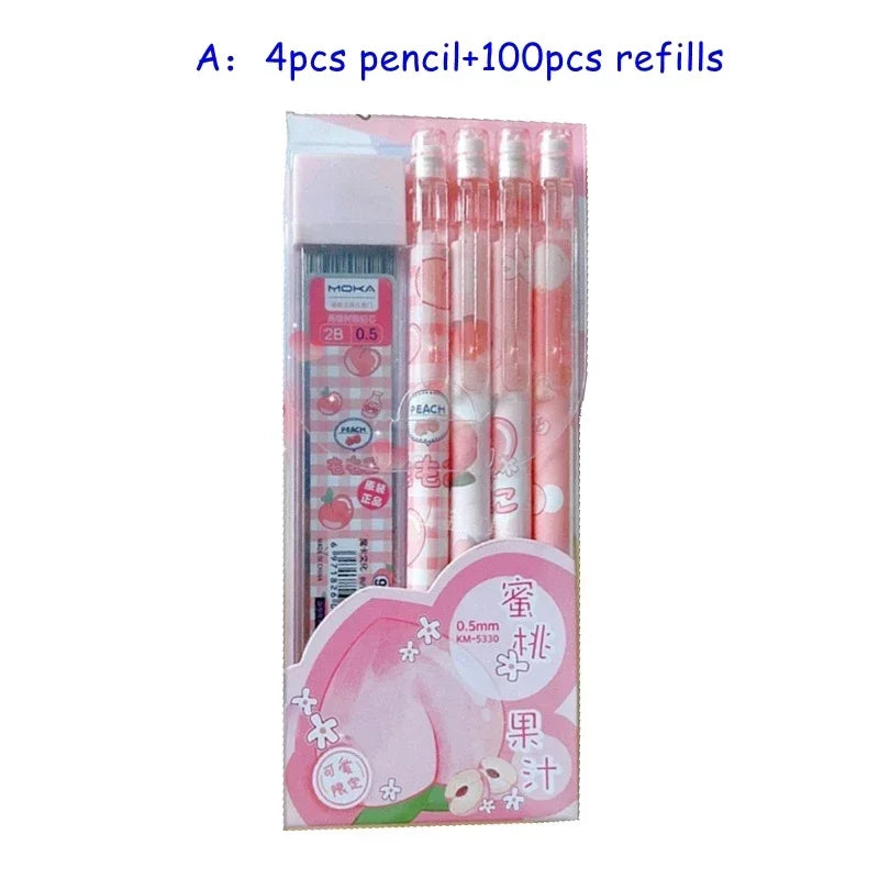 Kawaii Mechanical Pencil set 0.5/0.7mm 2B Refill Cute Cartoon Automatic Pencils School Office Supplies Child Gift Statione Qme 4pencil-100refills C