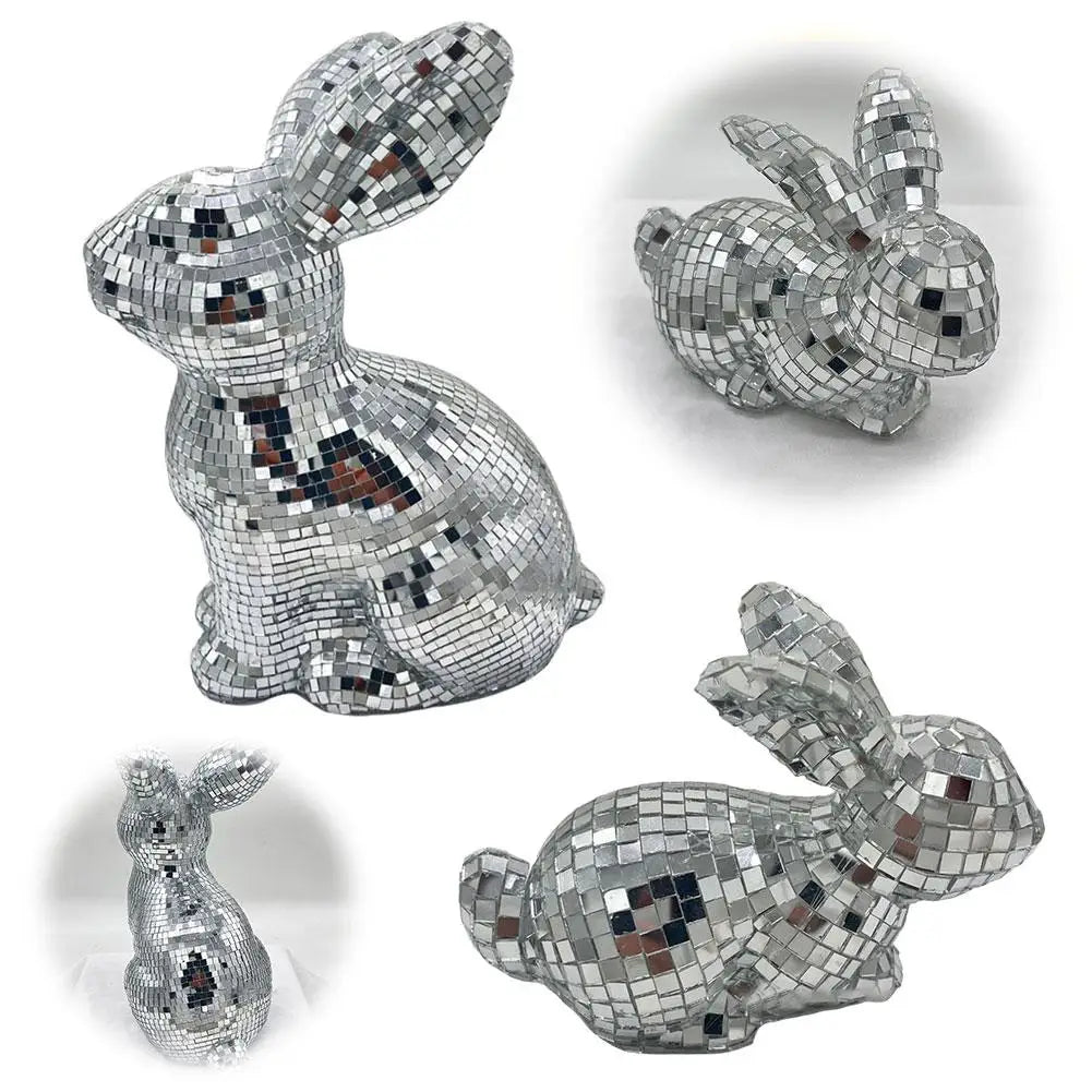 Desktop Mirror Disco Ball Rabbit Figurine Mirror Ball Sitting Bunny Figurine Easter Disco Ball Rabbit Ornament Home Decoration Qme