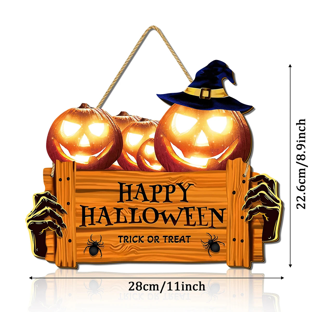 Halloween Wooden Wall Hanging Sign - "Happy Halloween Trick or Treat" Jack Pumpkin Skeleton Hand Decoration, Halloween decorate Qme